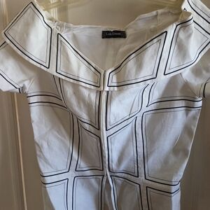 White W Black  Geometric Patterned Linen Top by Louis Feraud